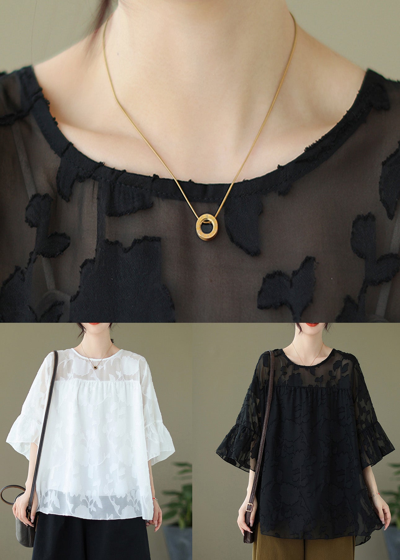 Jacquard White Embroidery Tulle Top Flare Sleeve