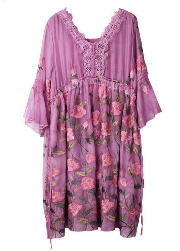 Simple Light Purple Embroidery Chiffon Patchwork Summer Vacation Dresses