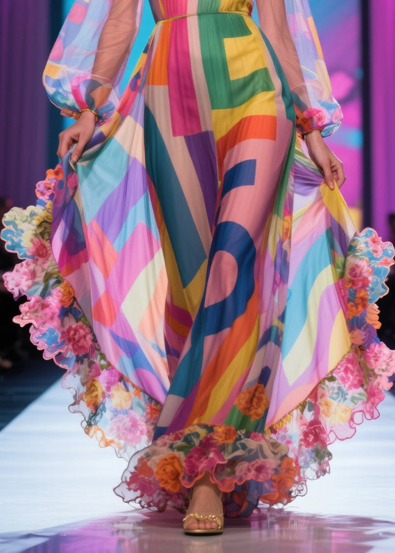 Pink Print Patchwork Ruffled Chiffon Strapless Dress Summer