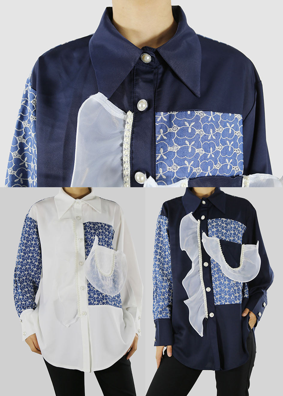 Black Blouses Ruffled Patchwork Button Pockets Spring