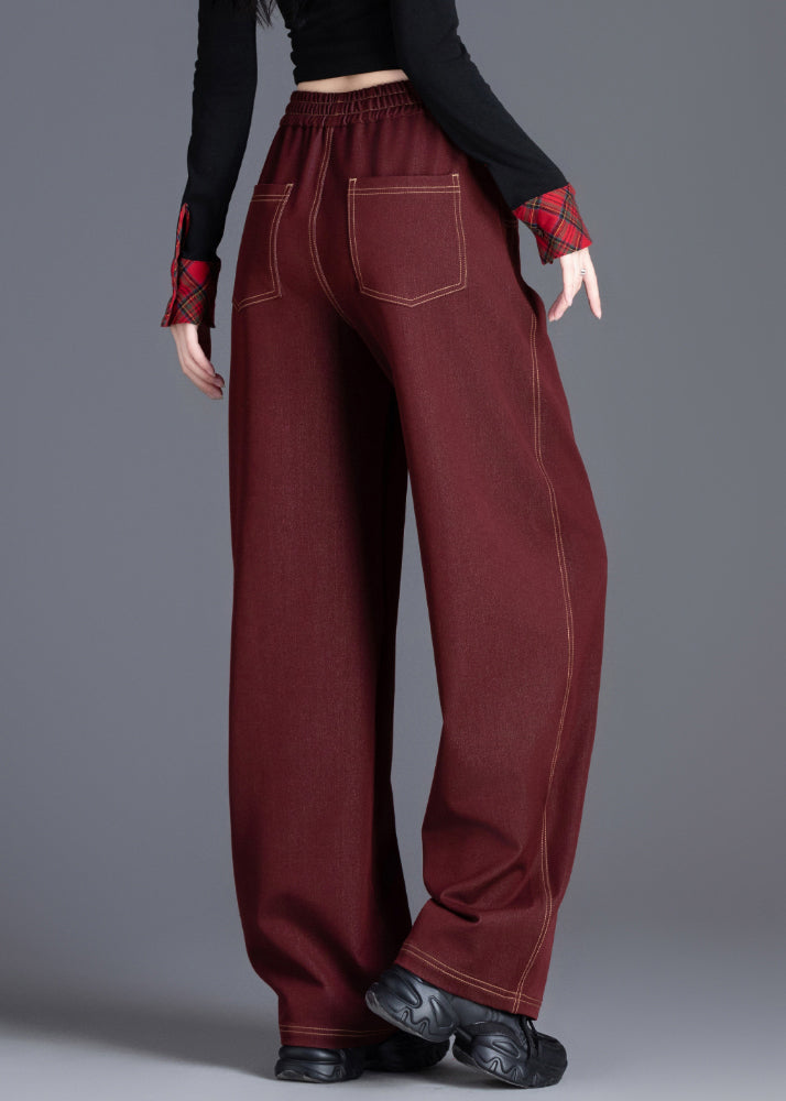 Wine Red Elastic Waist Patchwork Denim Pants Spring