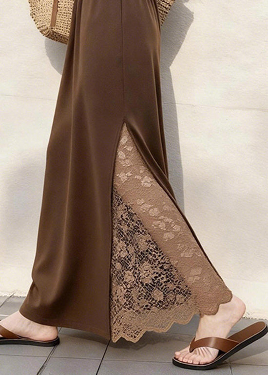 Coffee Lace Patchwork Elastic Waist Cotton Skirts Winter