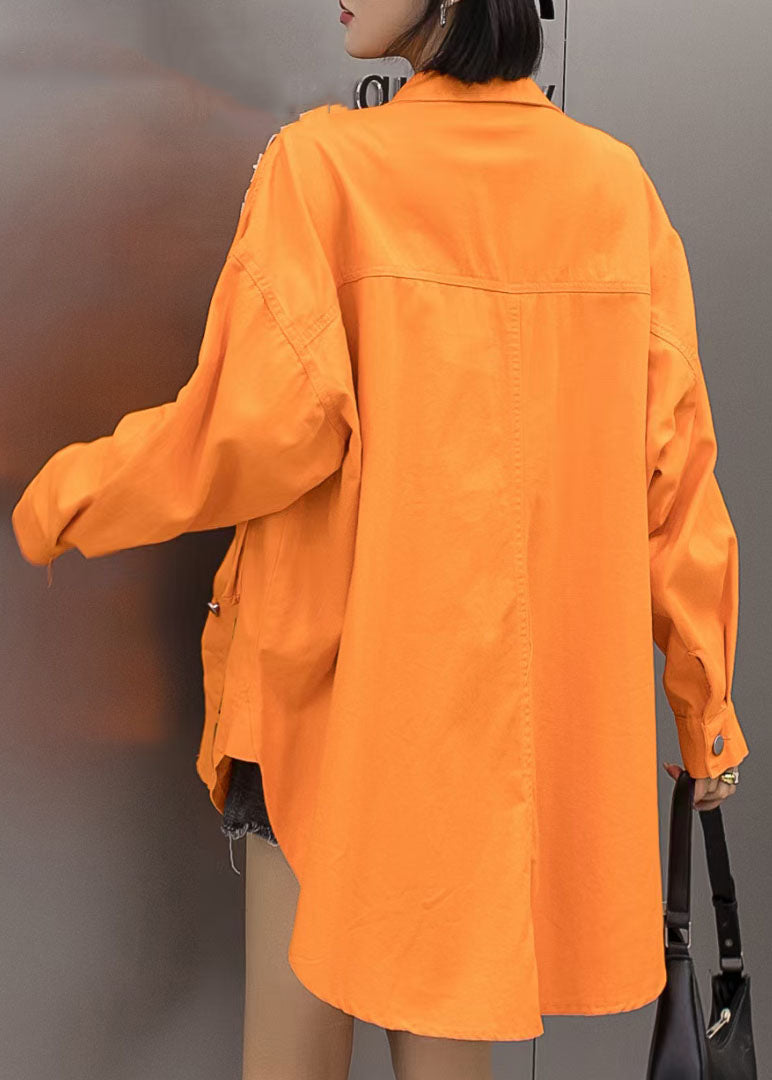 Orange Pockets Graphic Patchwork Denim Coat Spring