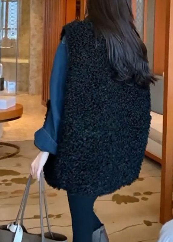 Art Black V Neck Teddy Faux Fur Black Waistcoat and Shirts Two Piece Set Fall