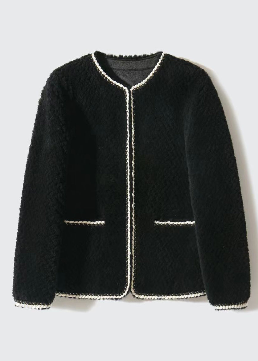 Black O Neck Pockets Patchwork Wool Coat Winter