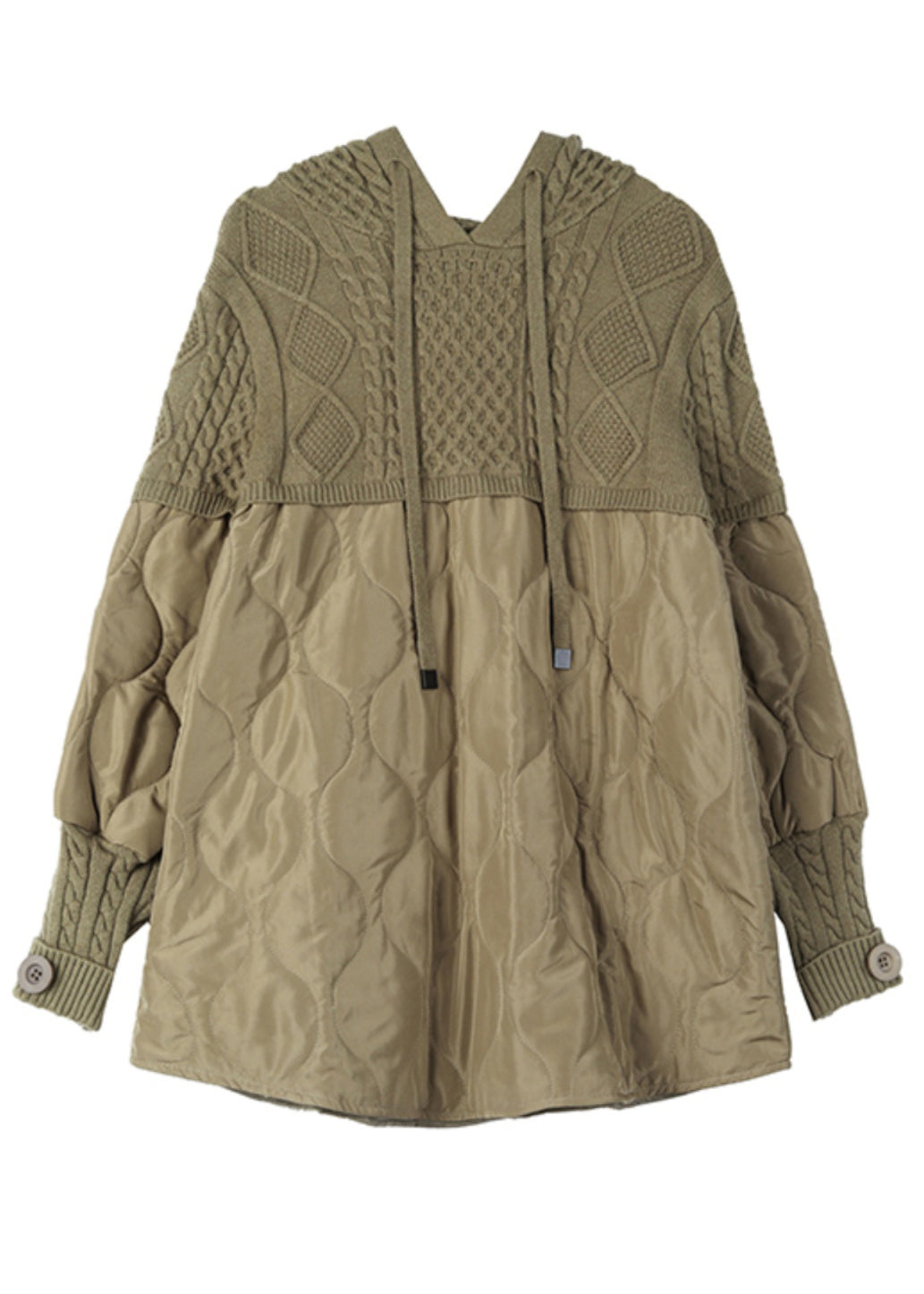 Khaki Hooded Knit Patchwork Thick Tops Long Sleeve