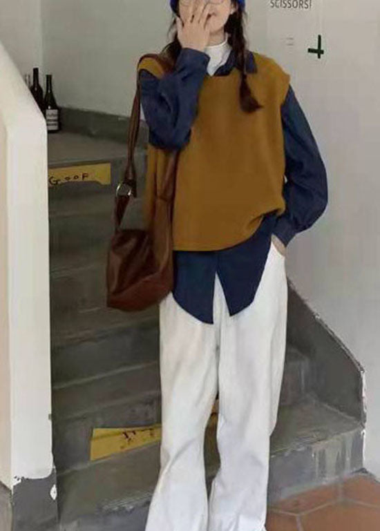 Yellow Two Piece Set Knit Vest + Corduroy Shirts Spring