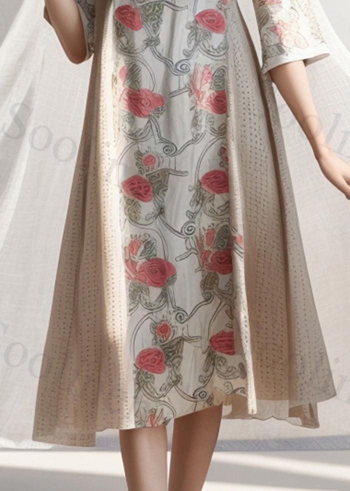 White Print Patchwork Cotton a Line Dress Summer