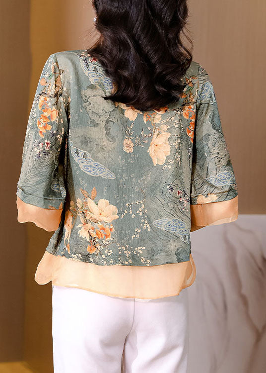Colorblock Stand Collar Patchwork Print Silk Tops Summer