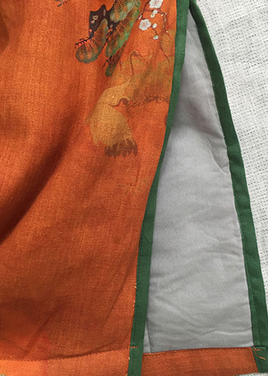 Chinese Style Orange O-neck Print Fine Cotton Filled Dress Winter