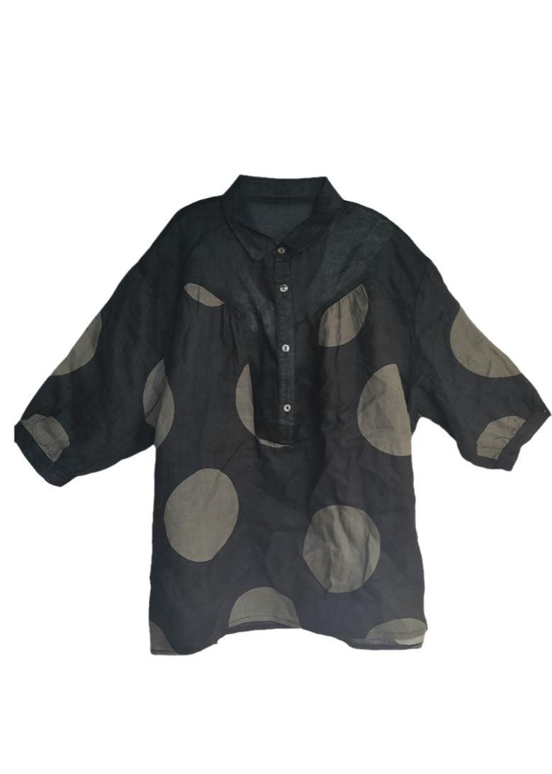 Black Peter Pan Collar Dot Linen Shirt Tops Half Sleeve