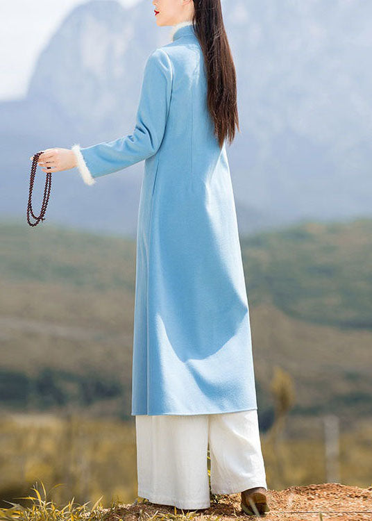 Unique Blue Patchwork Chinese Button Woolen Coat and Pants Two Pieces Set Spring