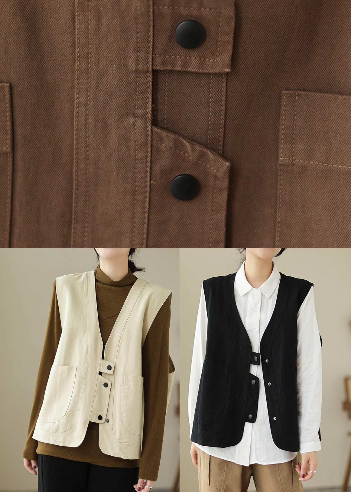 Black V Neck Pockets Patchwork Cotton Vest Spring