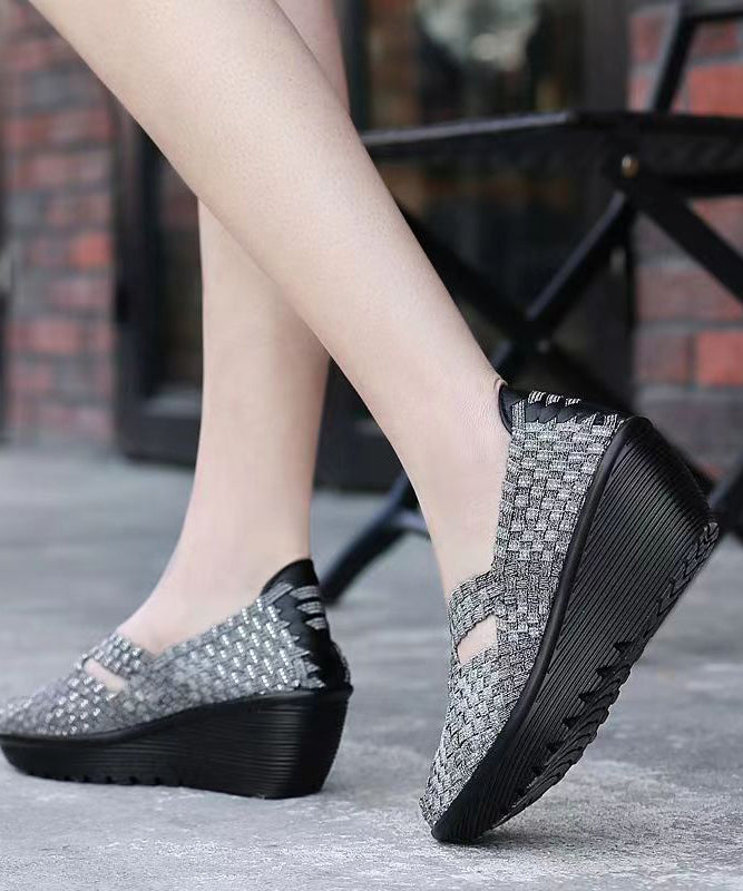 Knit Fabric Black Handmade Comfortable Splicing Wedge Heels Soofairy Shoes-20251