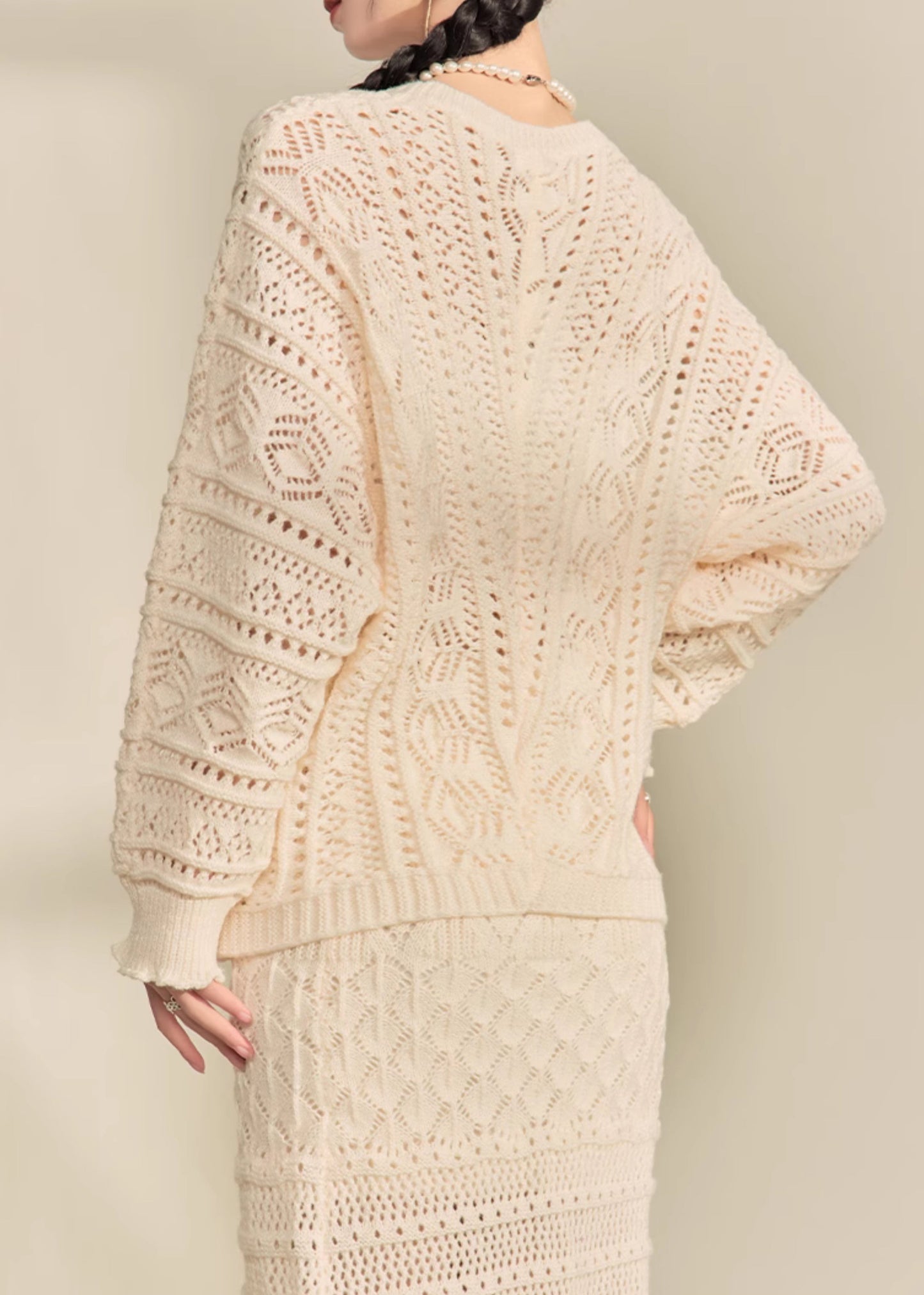 Apricot V Neck Button Knit Cardigans and Maxi Skirts Two Pieces Set Fall