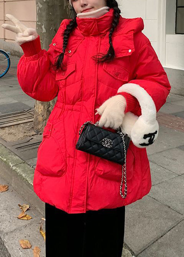 Red Zip Up Drawstring Pockets Duck Down Hooded Coat Winter