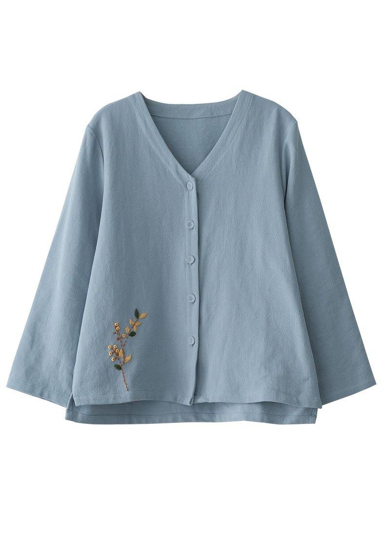 Blue Loose V Neck Button Fall Shirts Long Sleeve
