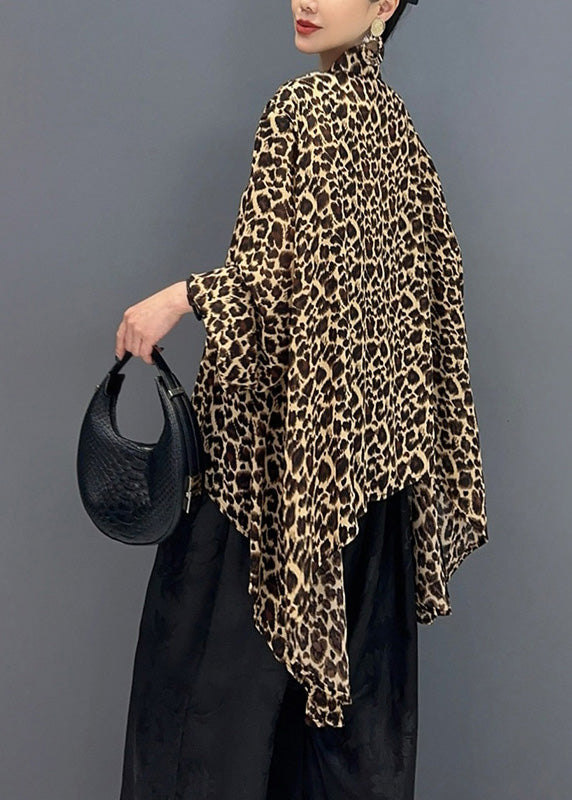 Leopard Stand Collar Asymmetrical Design Tops Fall