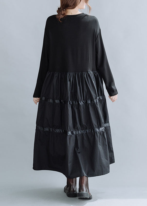 Loose Black O-neck Patchwork Cotton Holiday Dress Spring