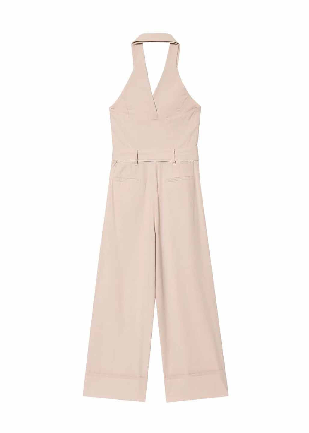 Beige Halter Pockets Cotton Jumpsuit Sleeveless