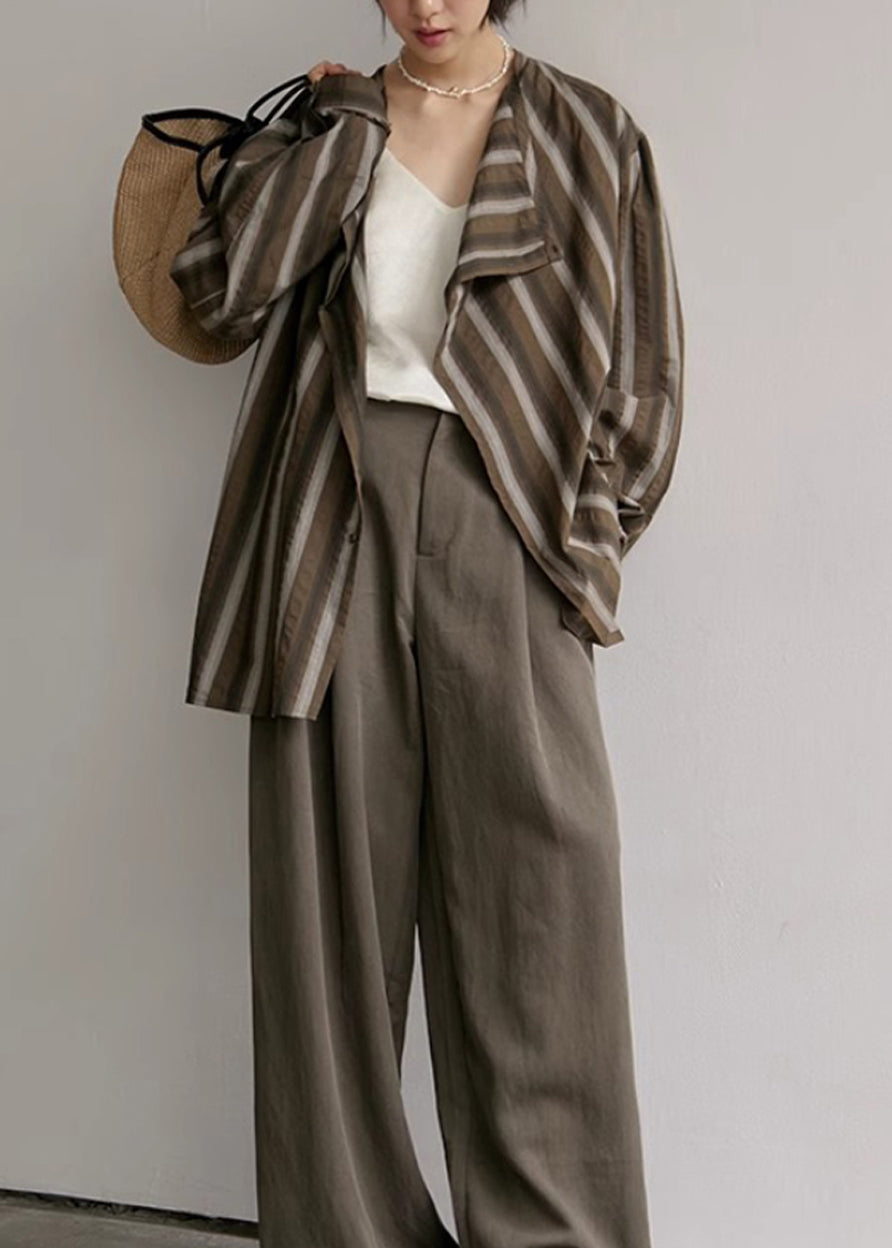 Coffee Striped Button Cotton Blouses Fall