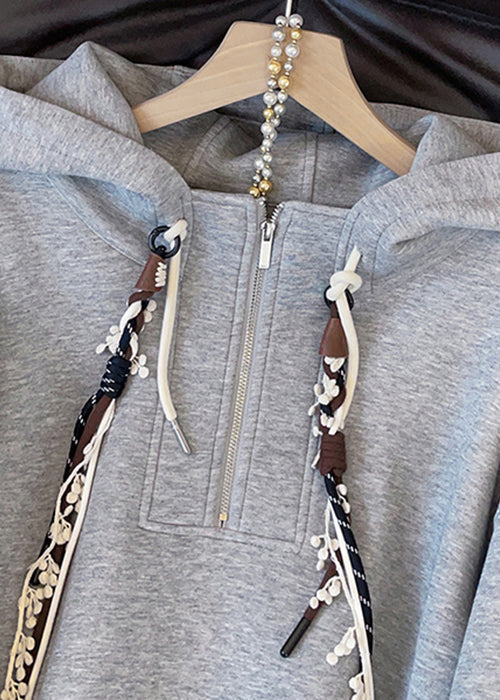 Grey Hooded Zippered False Two Pieces Cotton Sweatshirts Top Fall