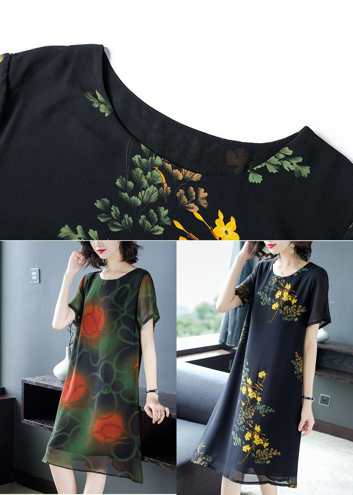 Modern Black O-neck Print Draping Chiffon Maxi Dresses Summer