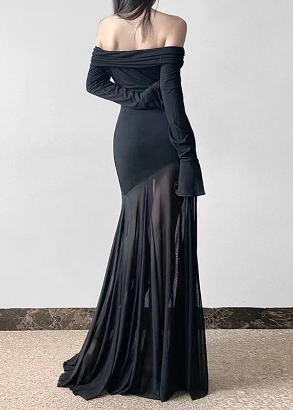 Fine Black Cold Shoulder Patchwork Tulle Party Dress Spring