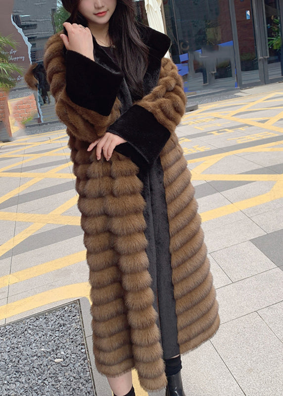 Style Coffee Peter Pan Collar Patchwork Leather and Fur Long Coats Winter