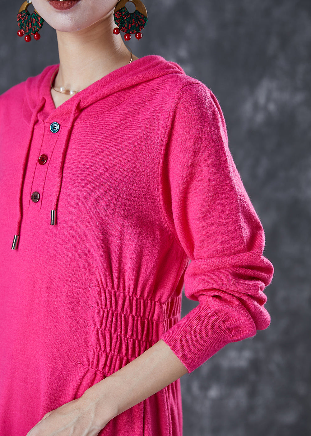 Rose Hooded Elastic Waist Knit Dresses Fall