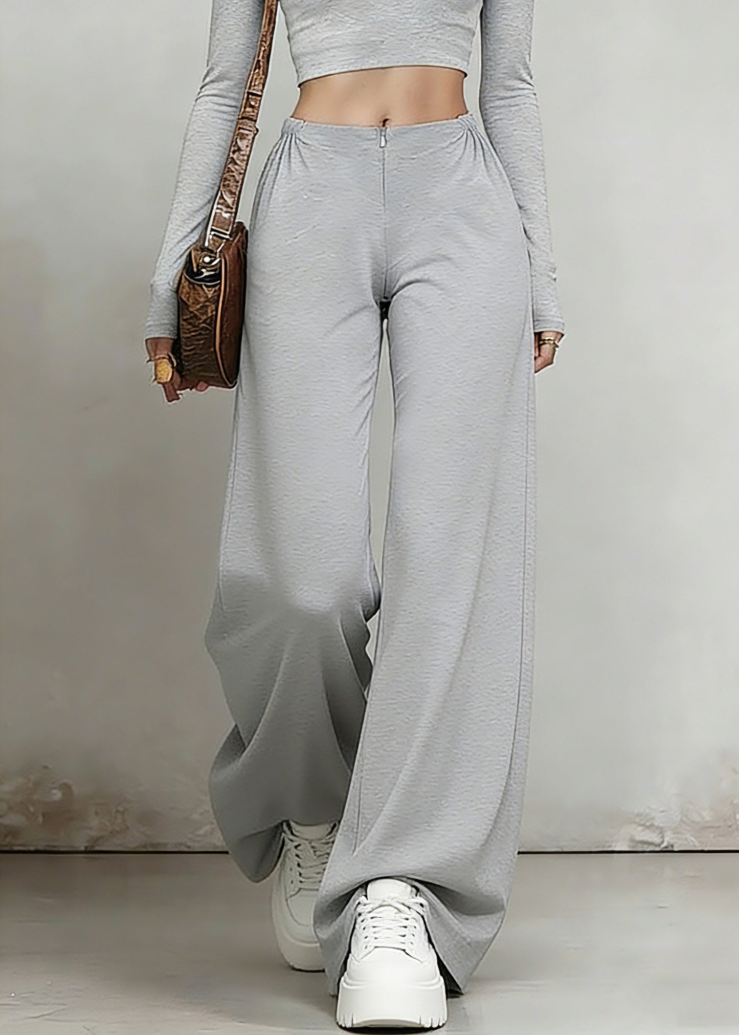 Natural Grey Wrinkled High Waist Wide Leg Pants Summer