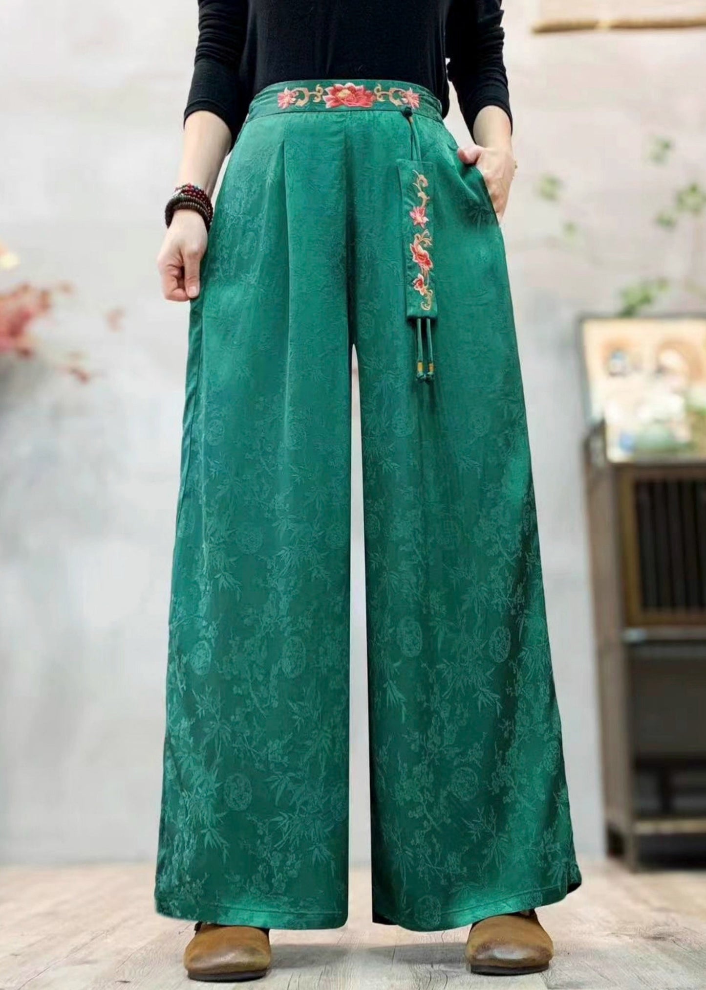 Tea Green Embroidered Jacquard Silk Pants Spring