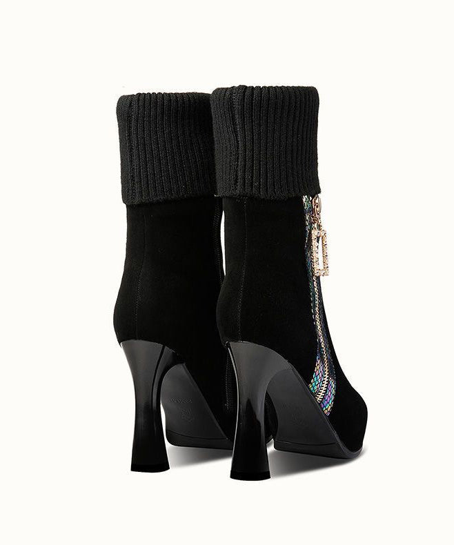 Zircon Zippered Splicing High Heel Boots Black Suede