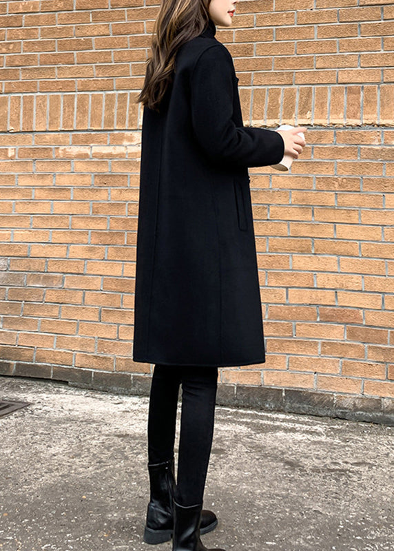 Slim Fit Black Notched Button Woolen Coats Fall