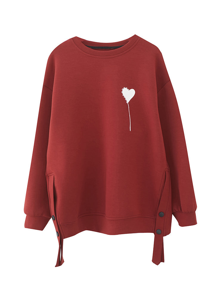 Green Print Cotton Pullover O Neck Side Open Winter