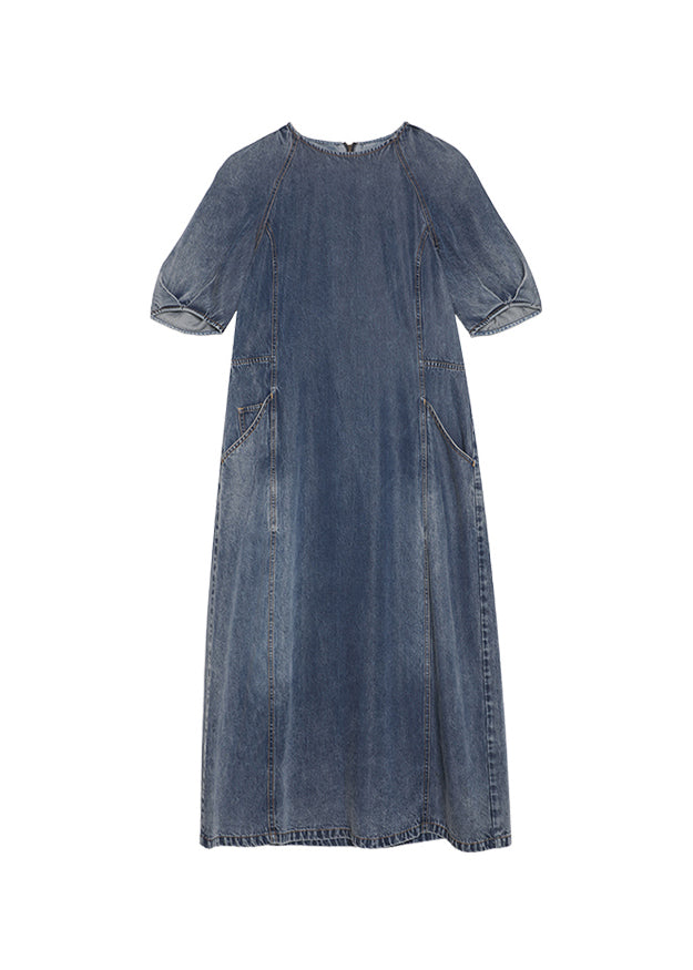 Blue O Neck Pockets Patchwork Denim Dress Summer