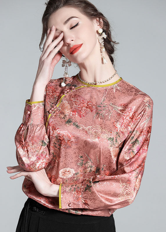 Pink O Neck Jacquard Chinese Button Patchwork Silk Shirt Spring