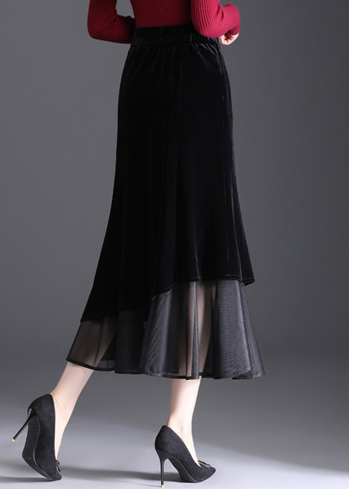 Black Zippered Elastic Waist Velvet Fishtail Skirts Spring