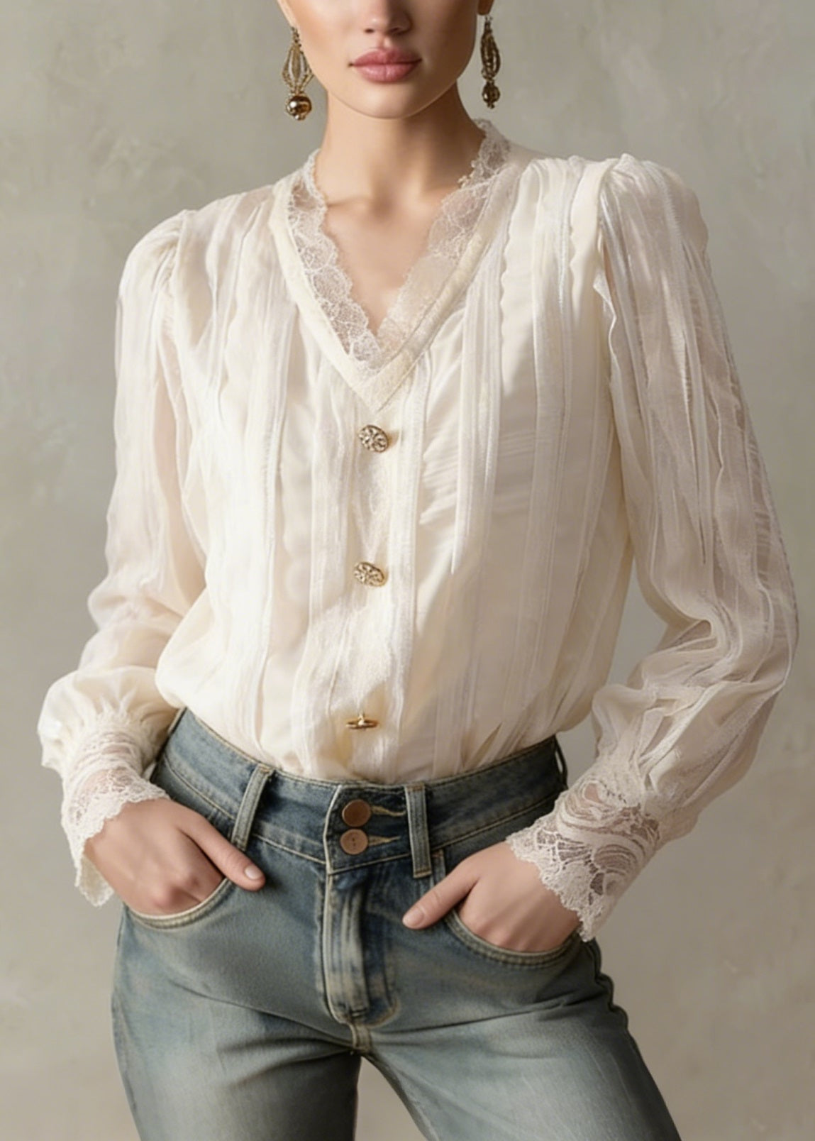Modern Apricot V Neck Lace Patchwork Cotton Tops Spring