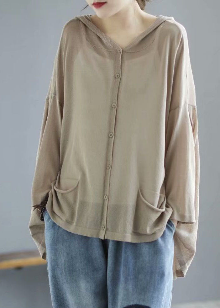 Modern Khaki Hooded Low High Design Pockets Linen Knit Upf 50+ Coat Summer