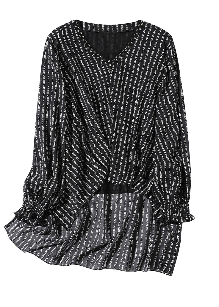 Black V Neck Low High Design Letter Striped Chiffon Top Long Sleeve
