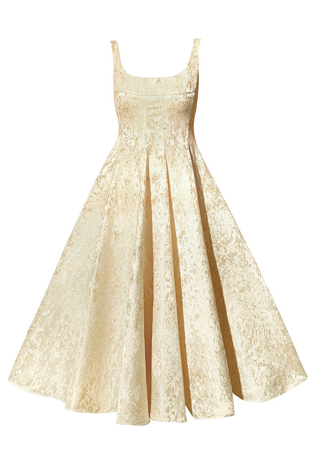 Jacquard Gold Square Collar Zippered Wrinkled Silk Holiday Dress Sleeveless Summer