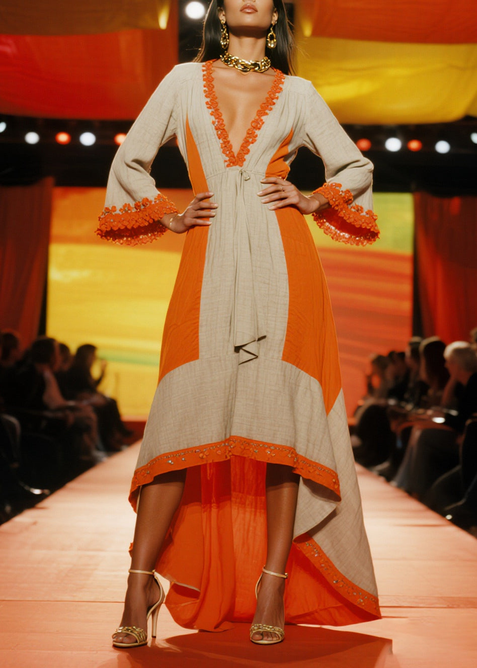 Orange Patchwork Low High Design Linen Party Dresses Summer