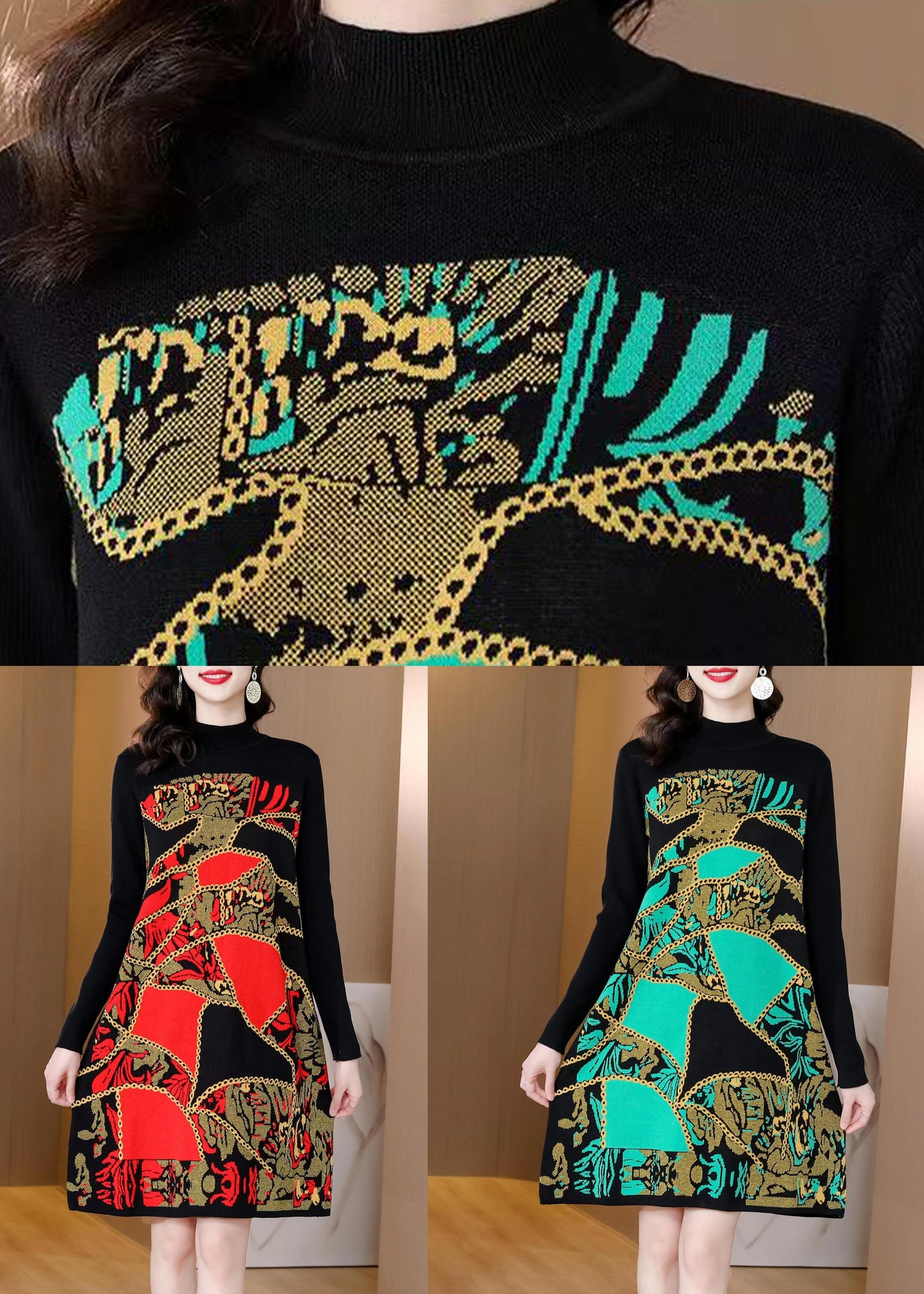 Red Print Patchwork Cotton Knit Mid Dress Winter