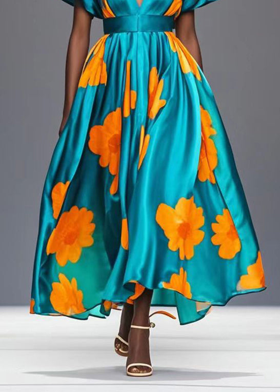 Green Cinched Print Exra Large Hem Silk Party Dress Summer