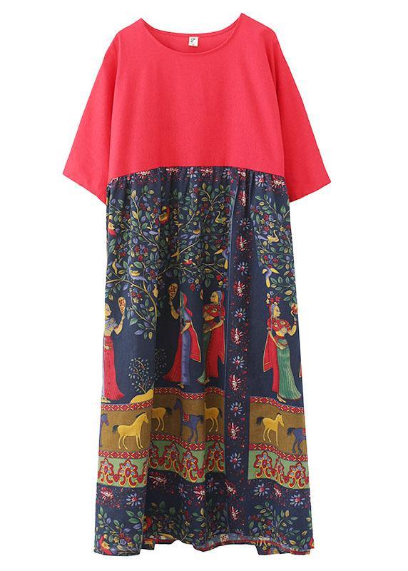 Red O-neck Patchwork Print Pockets Summer Maxi Dresses