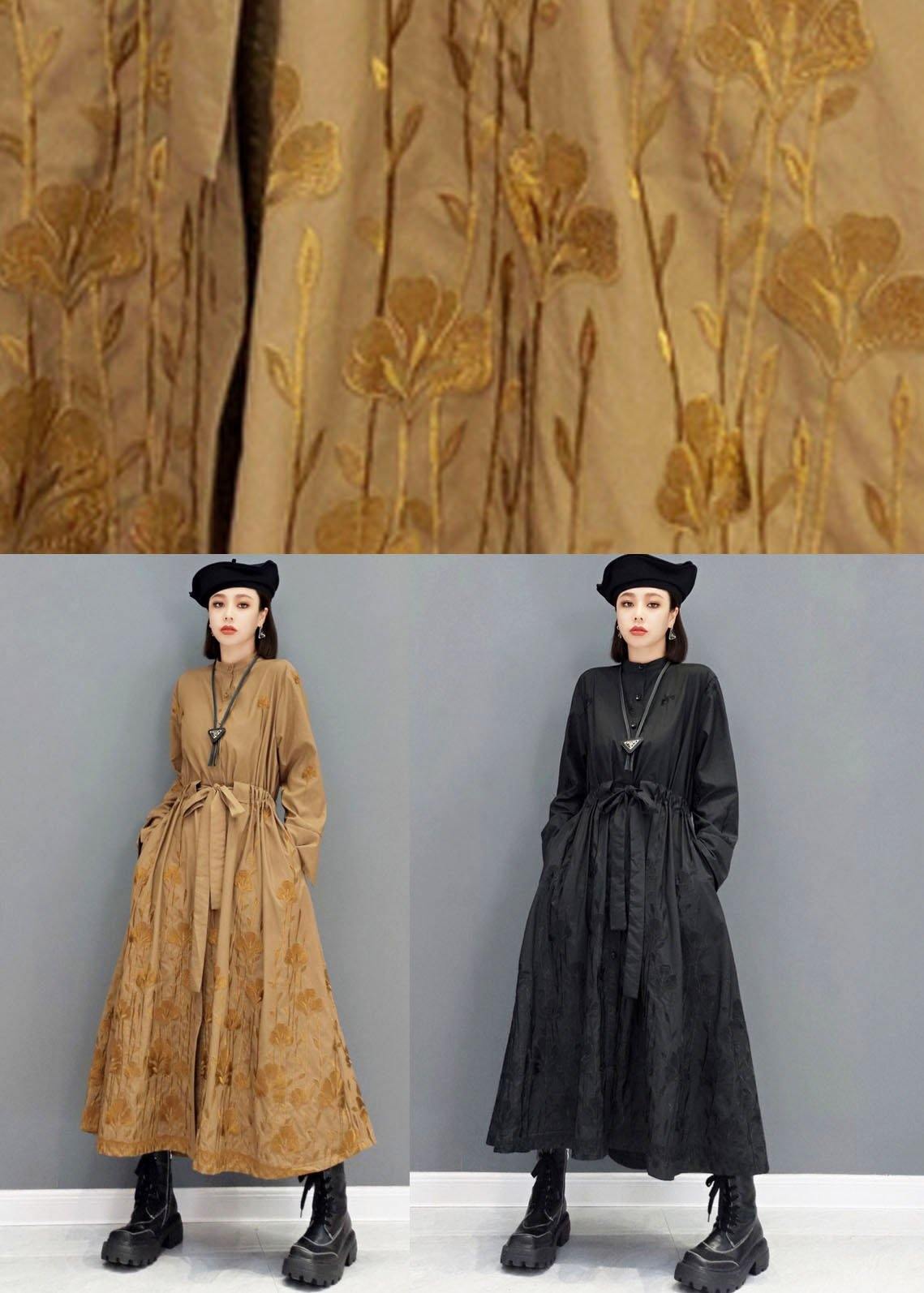 Classy Brown Pockets Tie Waist Embroideried Fall Long Sleeve Long Dress