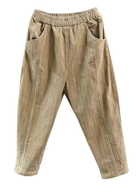 Yellow Pockets Elastic Waist Corduroy Pants Spring