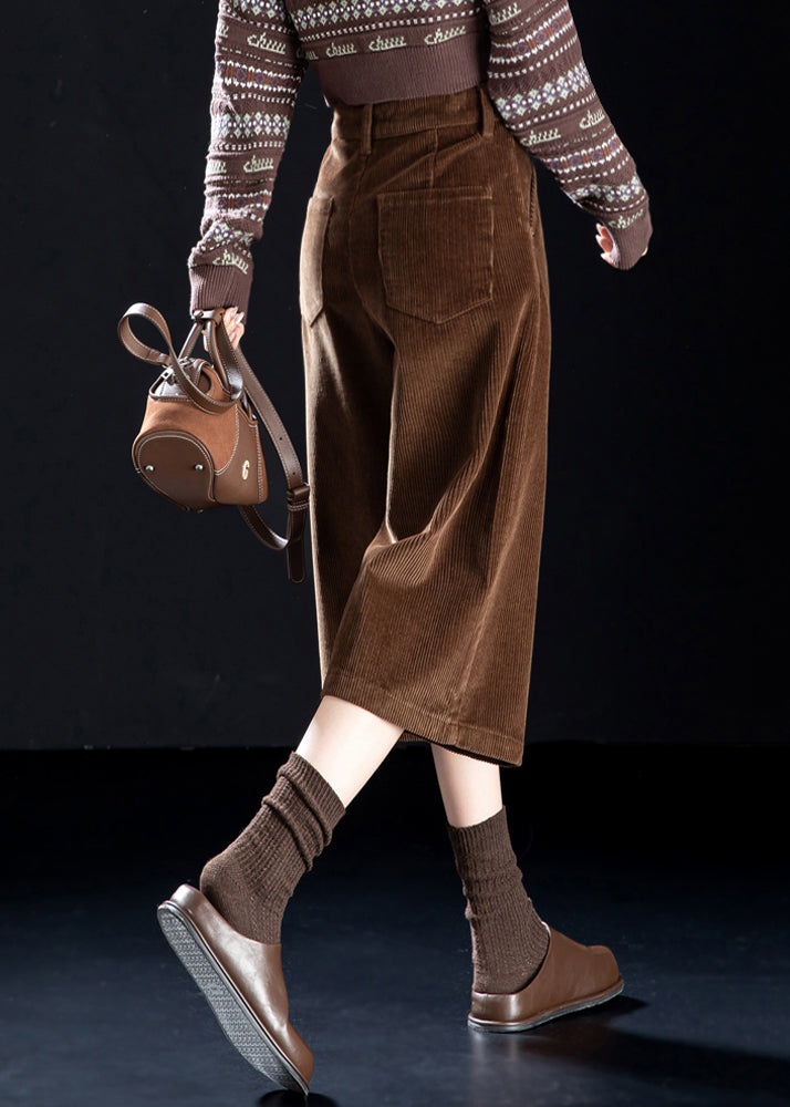 Coffee Button Pockets High Waist Corduroy Wide Leg Pants Spring