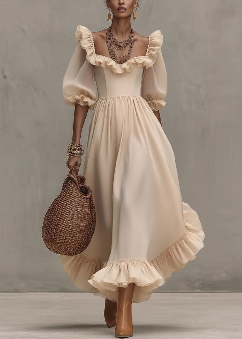 Apricot Square Collar Wrinkled Long Dress Half Sleeve